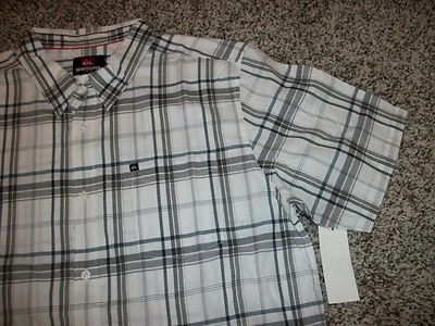 QUIKSILVER New NWT Mens Dress Shirt Short Sleeve White Gray Plaid MEDIUM LARGE - Image 1 of 2