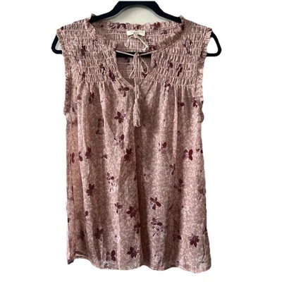 Mystree Tank Top Women L Smocked Tie Front Blouse Blush Floral Semi Sheer Summer - Image 1 of 4