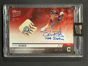 2019 Topps NOW 632D Shane Bieber ‘Not Justin’ Inscribed 9/10 Auto & Ball Relic - Picture 1 of 3