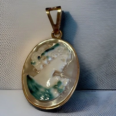 Unusual Italian 14 Kt Gold, Carved Shell With Green  - Image 1 of 4