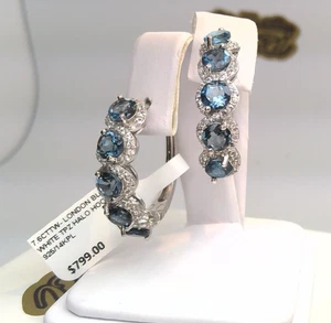 7.6CT NATURAL LONDON BLUE TOPAZ/WHITE TOPAZ SOLITAIRE HOOP EARRINGS SS/14KPL 925 - Picture 1 of 10
