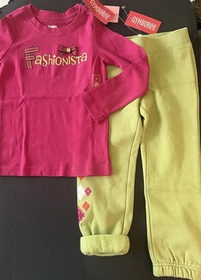 Calça de moletom nova com etiquetas meninas 4 Gymboree “FALL HOMECOMING” verde algodão/borgonha TOP 2 peças - Imagem 1 de 4
