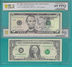 $1 and $5 2X Matching LOW Serial Number 4 Digit 00004399 PCGS Graded 69/63PPQ - Picture 1 of 2