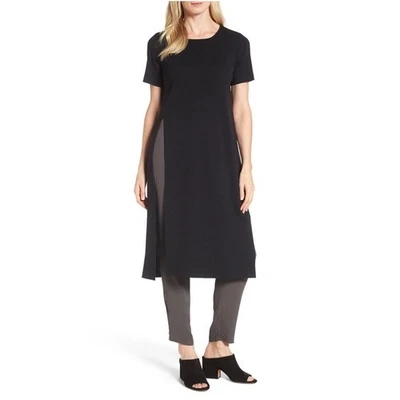$420 NWT Eileen Fisher Black Wool Long Tunic Top Short Sleeve Women's Size XS-S - Image 1 of 4