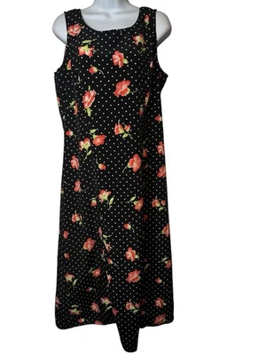 Vintage 90s Kathie Lee Maxi Dress Black Polka dot Roses Floral Grunge Fairy 12 - Image 1 of 4