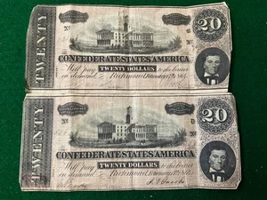 1864 Twenty Dollars Confederate States of America ,Pair of  Richmond  Note - DJ - Picture 1 of 2