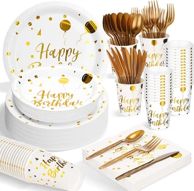 400 Piezas Platos y Servilletas Feliz Cumpleaños Suministros de Fiesta Blanco y Dorado Cumpleaños Foto 1 de 4