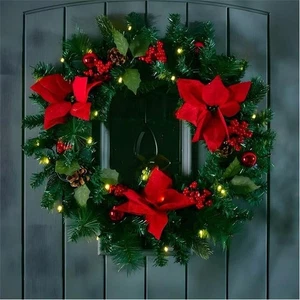 Ghirlanda Natalizia Luce Led Rosso Pre-Lit Cespugliosa Parete Porta Poinsettia Decorazione Fiori - Foto 1 di 6