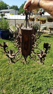 Antique Gothic Wrought Iron Caged Hand Blown Glass Hanging Chandelier Parts Only - Image 1 of 4