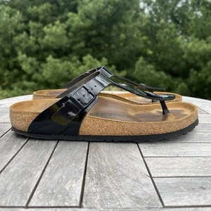 BIRKENSTOCK Gizeh sandali donna taglia 40/9-9,5 perizoma nero lucido vernice infradito - Foto 1 di 8
