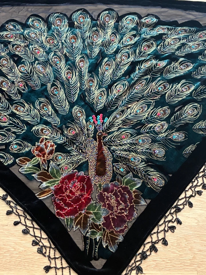 Винтажный Kirk's Folly бисером треугольный бархат Павлин шарф шаль надежном - потрясающий - Изображение 1 из 4