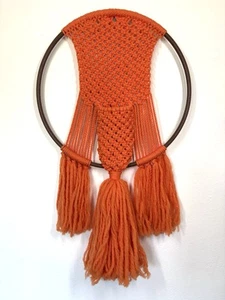 LARGE Vintage 1970s Orange Macrame BOHO Wall Planter Hippie Decor - Picture 1 of 7
