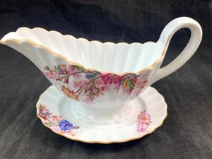 Spode CHELSEA GARDEN Mustard Trim Gravy Boat with Attached Underplate GREAT COND - Picture 1 of 6