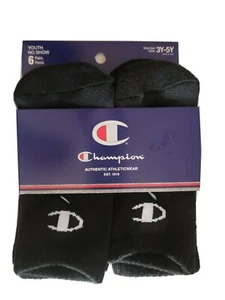 CHAMPION Youth 6-Pack No Show Socks Size 3Y-5Y *Black* - Picture 1 of 4