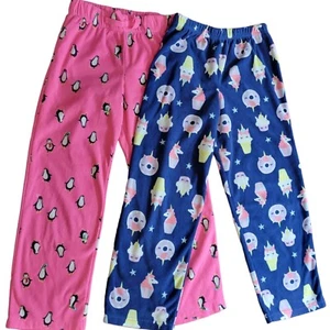 Old Navy Girls M 8 Fleece Pajama Pants Lot Of 2 Pink Penguins Blue Unicorns - Picture 1 of 6