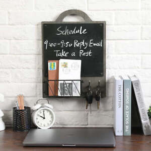 Gray Wood Entryway Wall Organizer with Mail and Key Holder, Chalkboard and Hooks