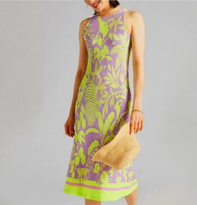 Farm Rio Anthropologie Cruise Dress Size S Knit Midi Fitted Lime Green Lavender - Image 1 of 4