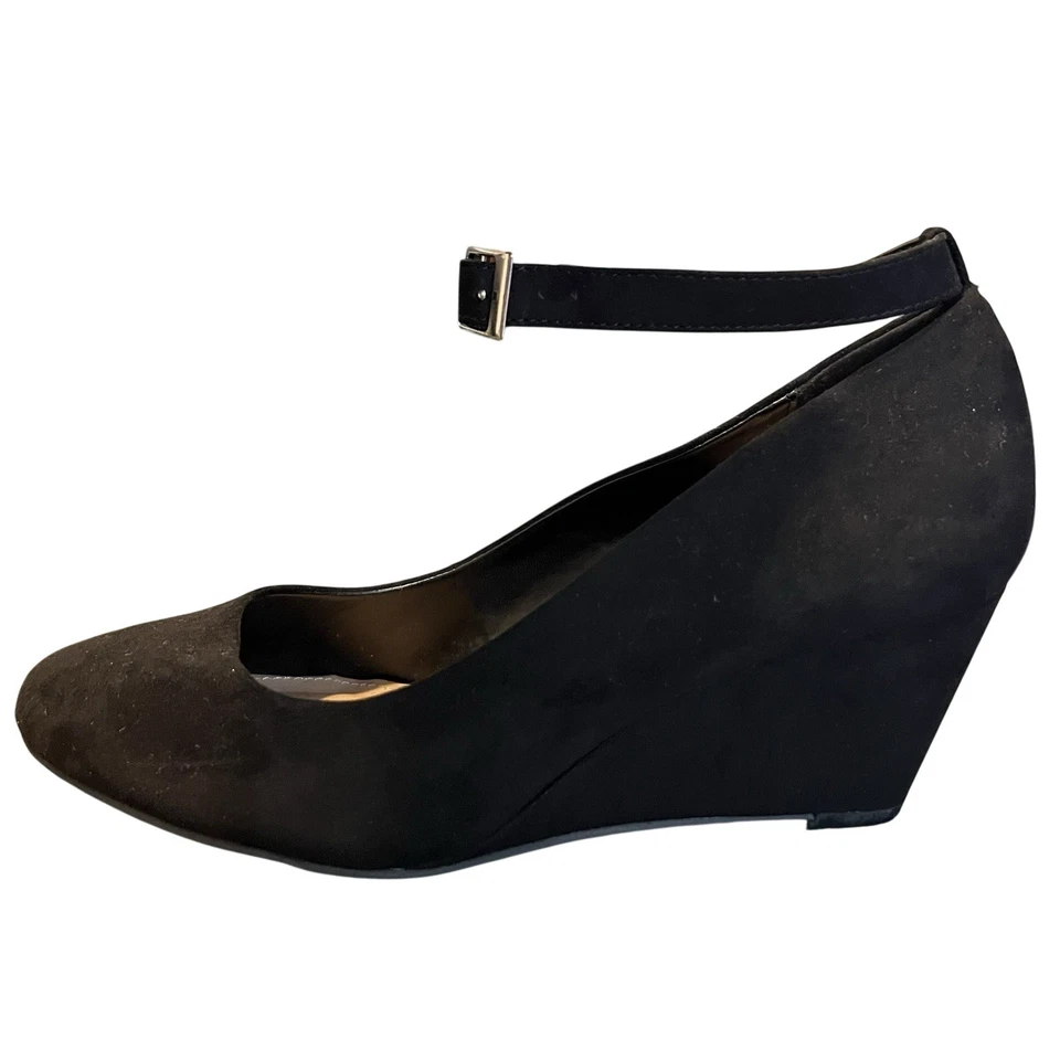 Zapatos Órridos 8.5W Ancho Negro Imitación Gamuza Mini Cuña Correa al Tobillo Elegante Formal Foto 1 de 4