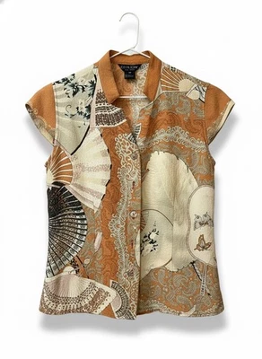 豪华 Citron Santa Monica 真丝衬衫上衣亚洲球迷蝴蝶佩斯利贝壳 XS — 第 1/4 张图片