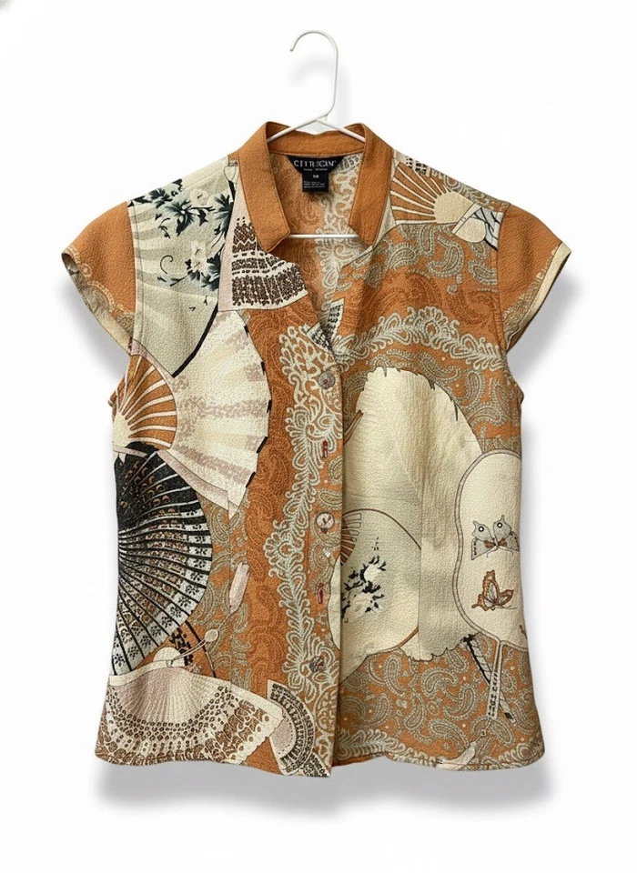 Blusa de Seda de Lujo Citron Santa Mónica Top Abanico Asiático Mariposa Cachemira XS Foto 1 de 4