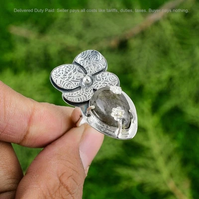 Venta de Halloween Piedra Labradorita Flor Solitario Anillo Joyería Plata de Ley Foto 1 de 4