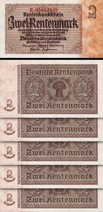 Germany 2 Rentenmark 1937, UNC, 5 Pcs LOT, Consecutive, P-174b,Watermark,8 Digit - Picture 1 of 4