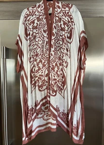 KIMONO WRAP BOHO WRAP COVER UP DUSTER / ROBE IVORY &BROWN OPEN FRONT BY GINGERLY - Picture 1 of 8