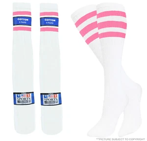 8 PK TUBE SOCKS COTTON PINK STRIPES 22 INCH SPORTS SOCKS OLD SCHOOL CHEERLEADER - Picture 1 of 5