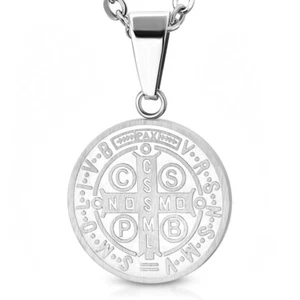 "Collar Colgante Cruz Círculo Dije Religioso de Acero Inoxidable en Tono Plateado, 20" - Imagen 1 de 3