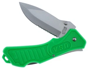 Buck Shot Tactical 5 1/4" Folding Lockback Thumb Stud SS Blade W/Green Handle - Picture 1 of 5