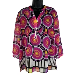 Tribal Womens Tunic Blouse Lg Multi Geometric Abstract Print Long Sleeve Sheer - Picture 1 of 18