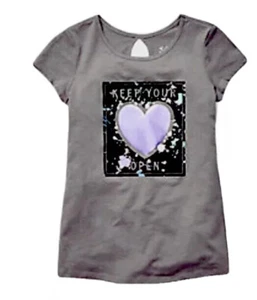 Justice Girls Gray Top Size 8 Pullover Short Sleeve Keyhole Back Heart Graphic - Picture 1 of 12