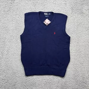 VTG 80s Polo Ralph Lauren Cotton Sweater Vest Mens Medium Navy Knit Red Pony *53 - Picture 1 of 11