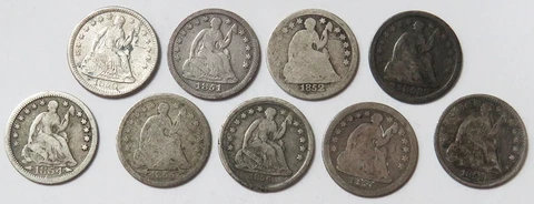 (9) 1850 -1858 SILVER UNITED STATES HALF DIMES SEATED LIBERTY AVG CIRC COIN LOT Cover