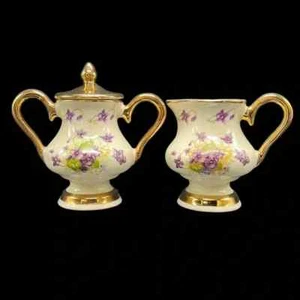 Sucrier et crémier vintage ancien reproduction or 22 K crème fleurie - Photo 1 sur 15