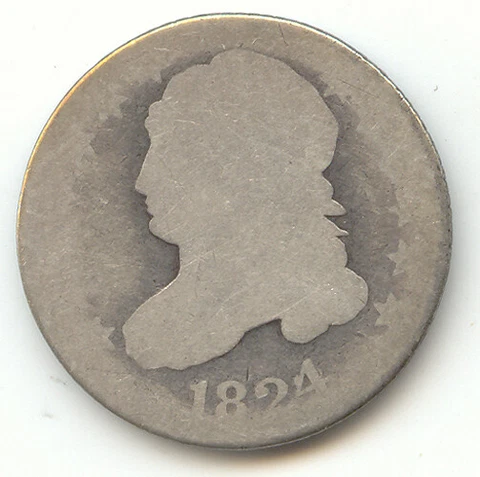 1824/2 Capped Bust Dime, Low Grade, Problem Free, Clear Date, Scarce Cover