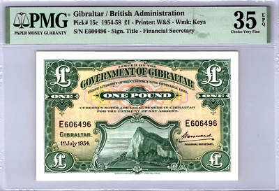 Gibraltar £1 Pound 1954 Pick# 15c PMG 35 EPQ - Image 1 of 4