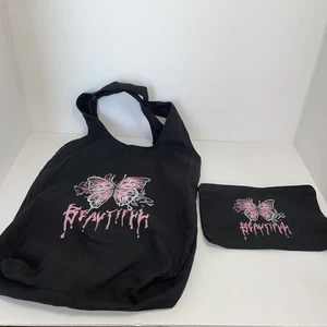 Stoff Tragetasche Damen Geldbörse inklusive schwarz mit rosa Schmetterling schön15x13 - Bild 1 von 3