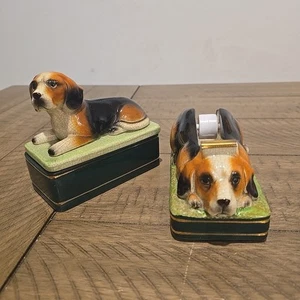 Vintage Takahashi Beagle Dog Desk Set Tape Dispenser & Trinket Box Japan Brown - Picture 1 of 12