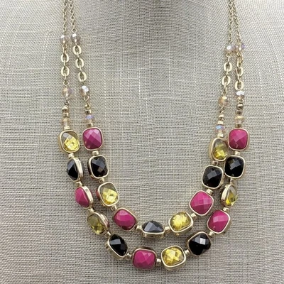 White House Black Market Necklace Double Strand Gold Tone Beaded 20" Statement - Image 1 of 4