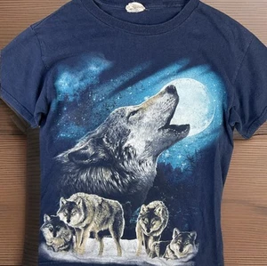 Vintage Wolfpack T-Shirt Wolves Howling At The Moon 90s Youth Sz S Blue Retro - Picture 1 of 8