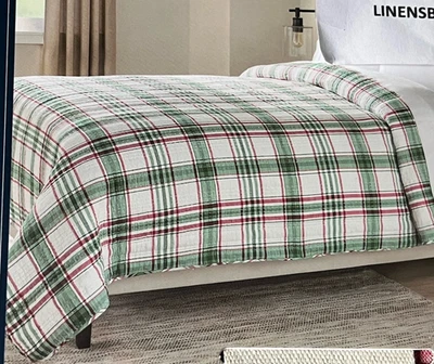 Edredón Brooks Brothers rojo, verde blanco a cuadros Navidad algodón Slub KING 1 pieza Foto 1 de 4