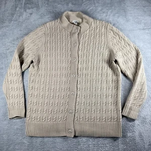 LL Bean Sweater Womens Large Petite Oatmeal Cardigan Cable Knit Fisherman Chunky - Picture 1 of 13