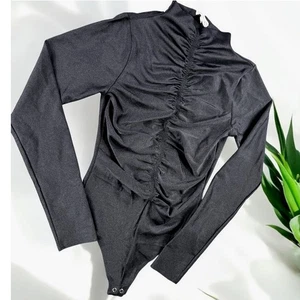Good American Bodysuit Women 2 Black Nylon Stretch Touched Ruched Gothic Scuba - Picture 1 of 8