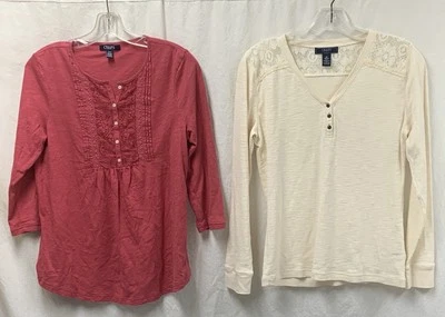 (2) CHAPS Pull Over 3 Button Tops Shirts Cotton  Women's Size M - Image 1 of 4