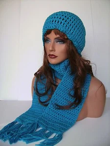 HÄKEL HELLBLAU BEANIE SCHAL SET CLOCHE BEANIE BAGGY TAM RASTA SKATER MÜTZE   - Bild 1 von 12