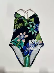 Women's Ruffle One Piece Swimsuit - Navy Blue Tropical Print XL - Picture 1 of 2