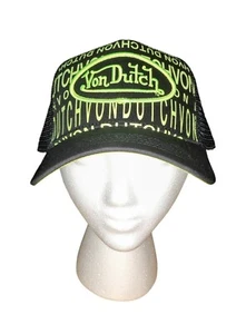 Von Dutch Truckermütze schwarz & grün neon bestickt Patch Druckknopflasche Kappe neu mit Etikett - Bild 1 von 7