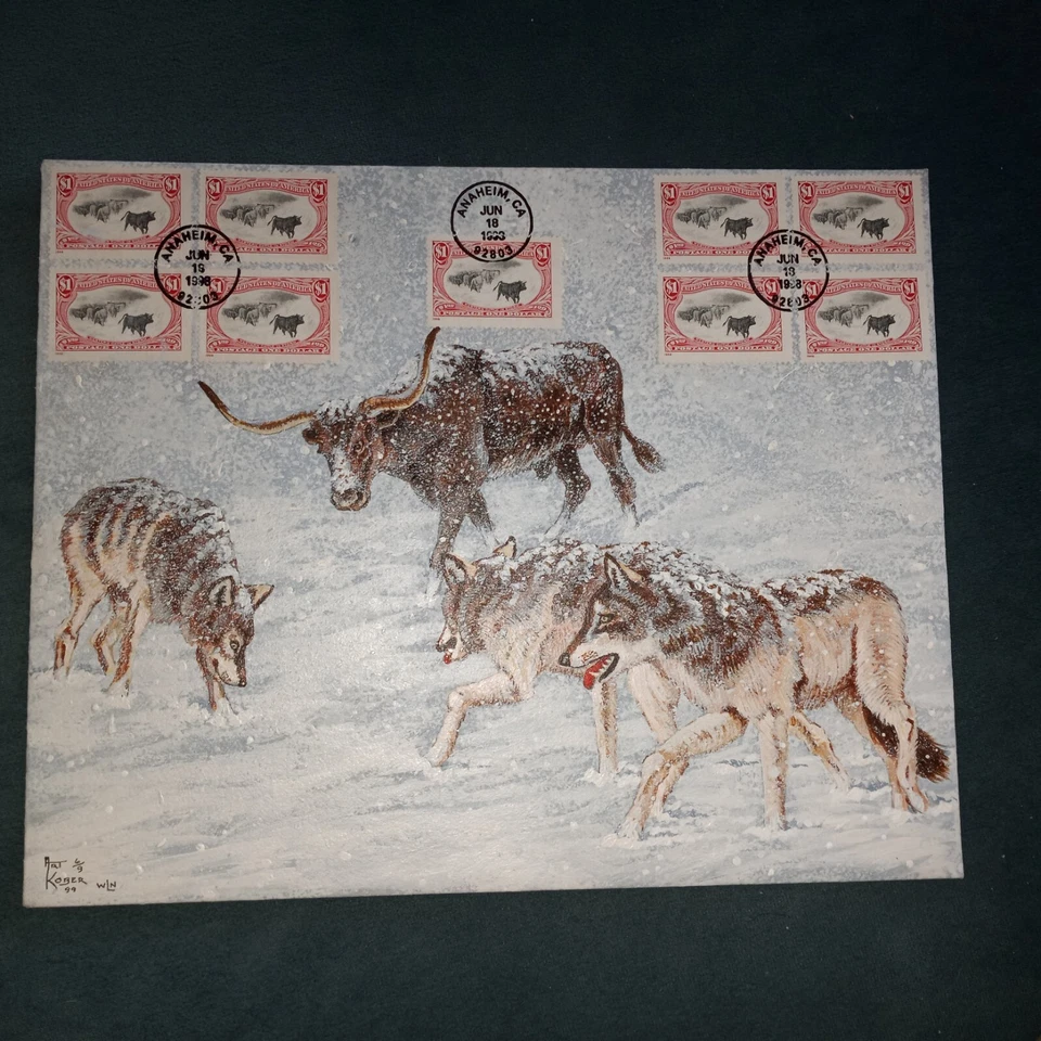 $1 Trans-Mississippi 1998 FDC Stamps Art Kober Hand-Painted Cattle & Wolves 6/9 - Image 1 of 4