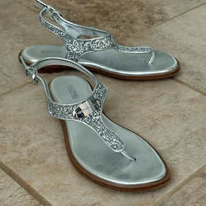 Michael Kors Silver Logo Plate Glitter T-Strap Flat Summer Sandals 8M - Picture 1 of 14